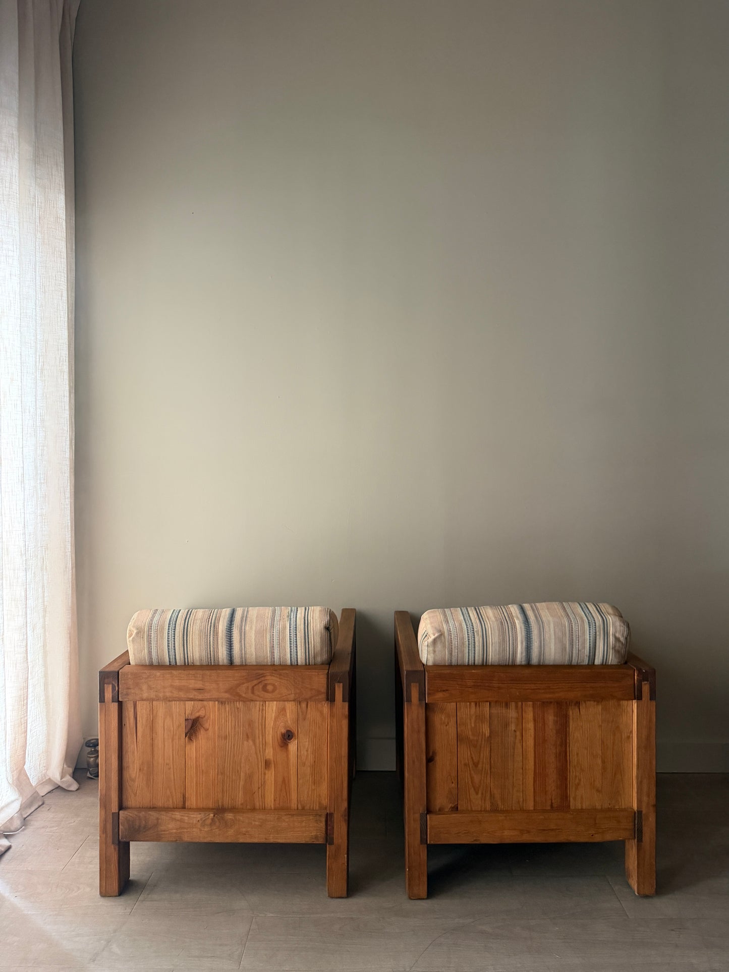 Brutalist pine lounge chairs with ottoman. Sold individually.