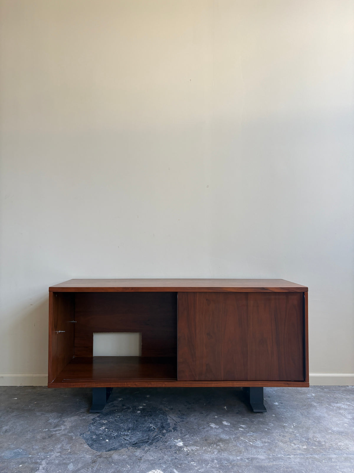 Walnut credenza with iron beam legs