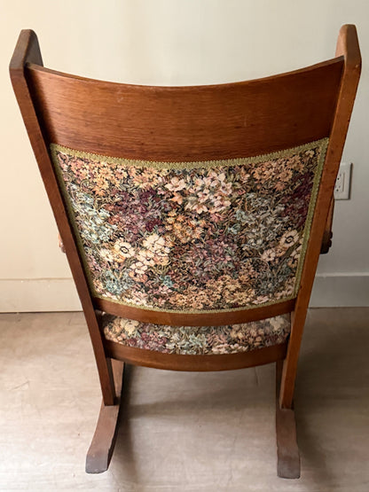 Upholstered golden oak rocking chair