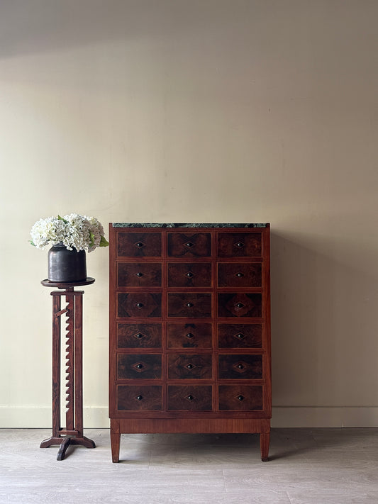 Vereinigte Werkstatten walnut and marble apothecary drawers