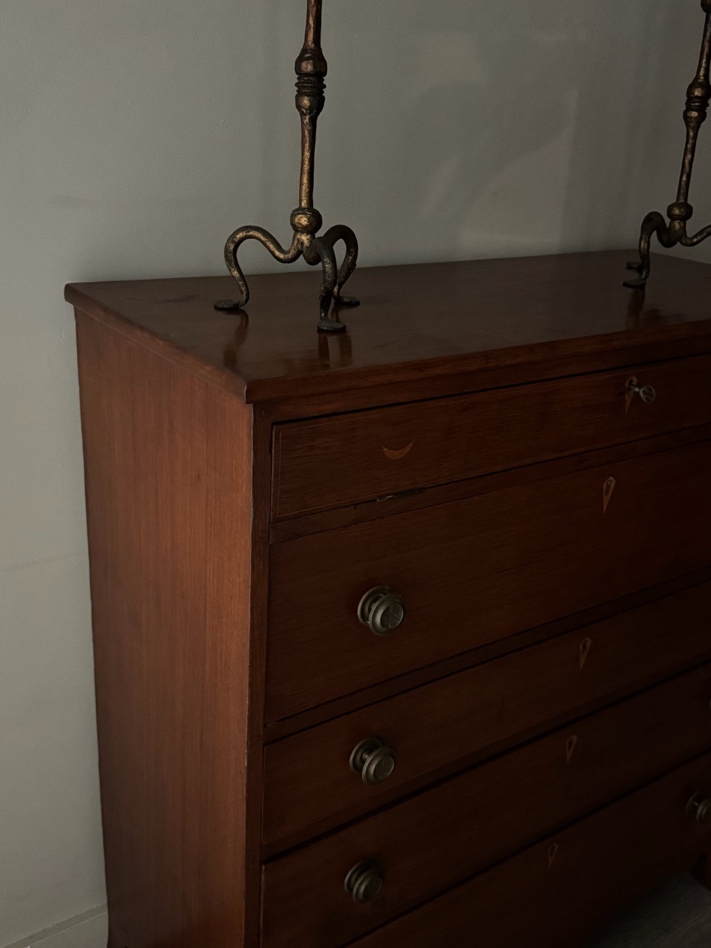 Inlaid walnut tallboy dresser with drop down compartment