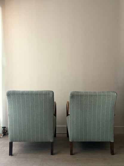 Fritz Hansen Danish Deco striped blue lounge chairs. Sold individually.