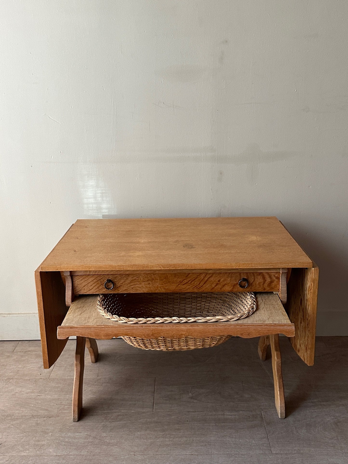 Danish oak drop leaf sewing table