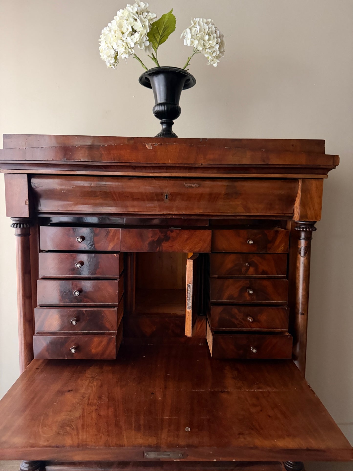 Burl mahogany secretary chest