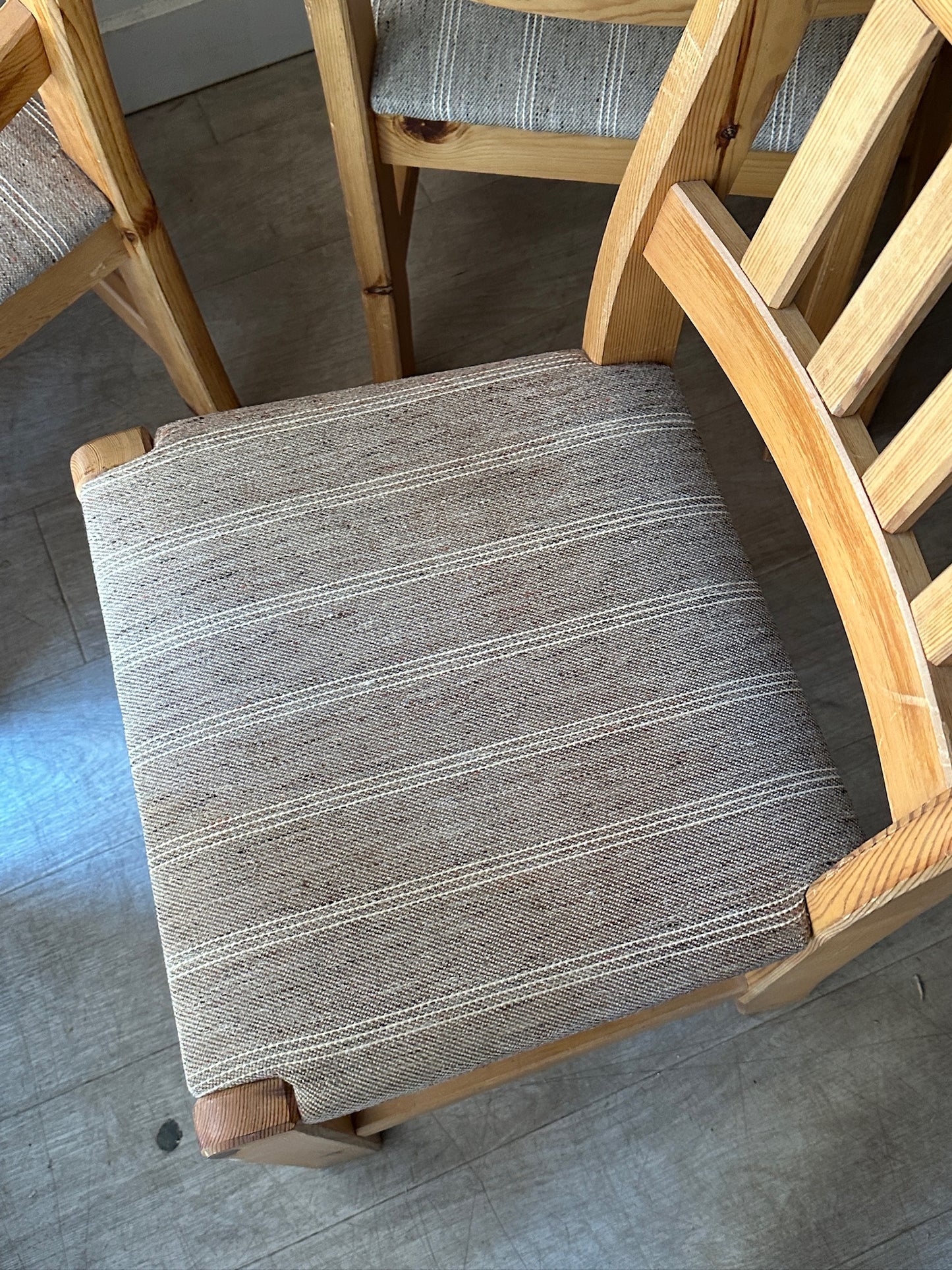 Danish upholstered pine dining chairs. Sets of 2.