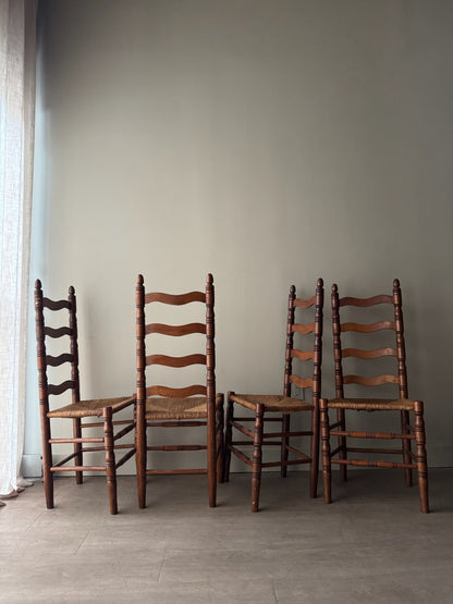 Maple ladder back rush seat chairs. Sold in pairs.