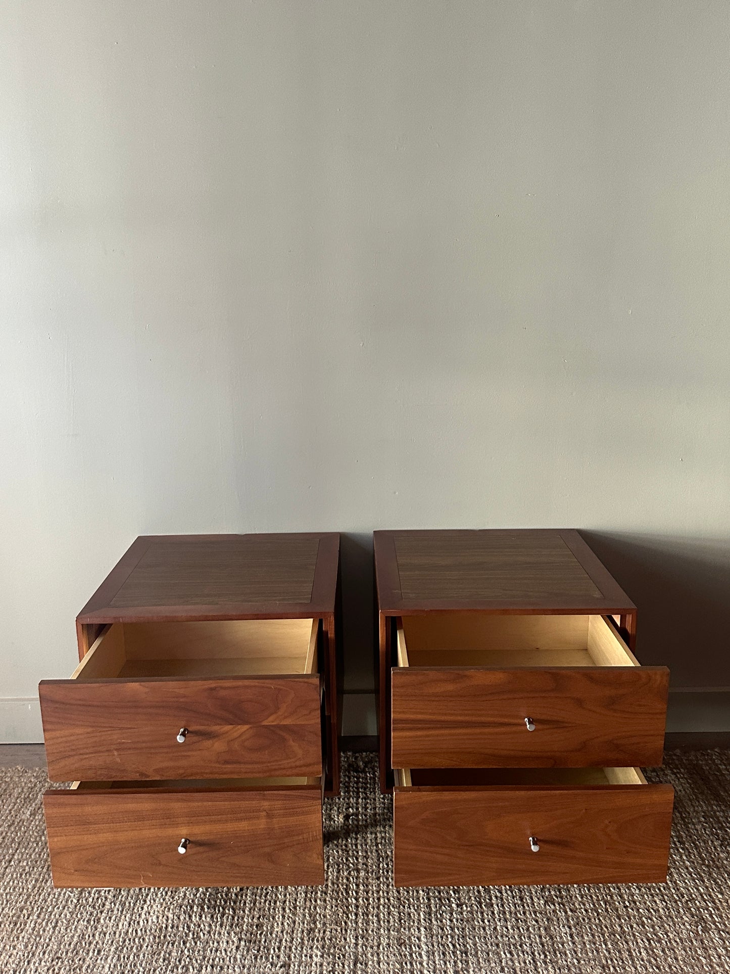 Walnut bedside tables. Sold individually.