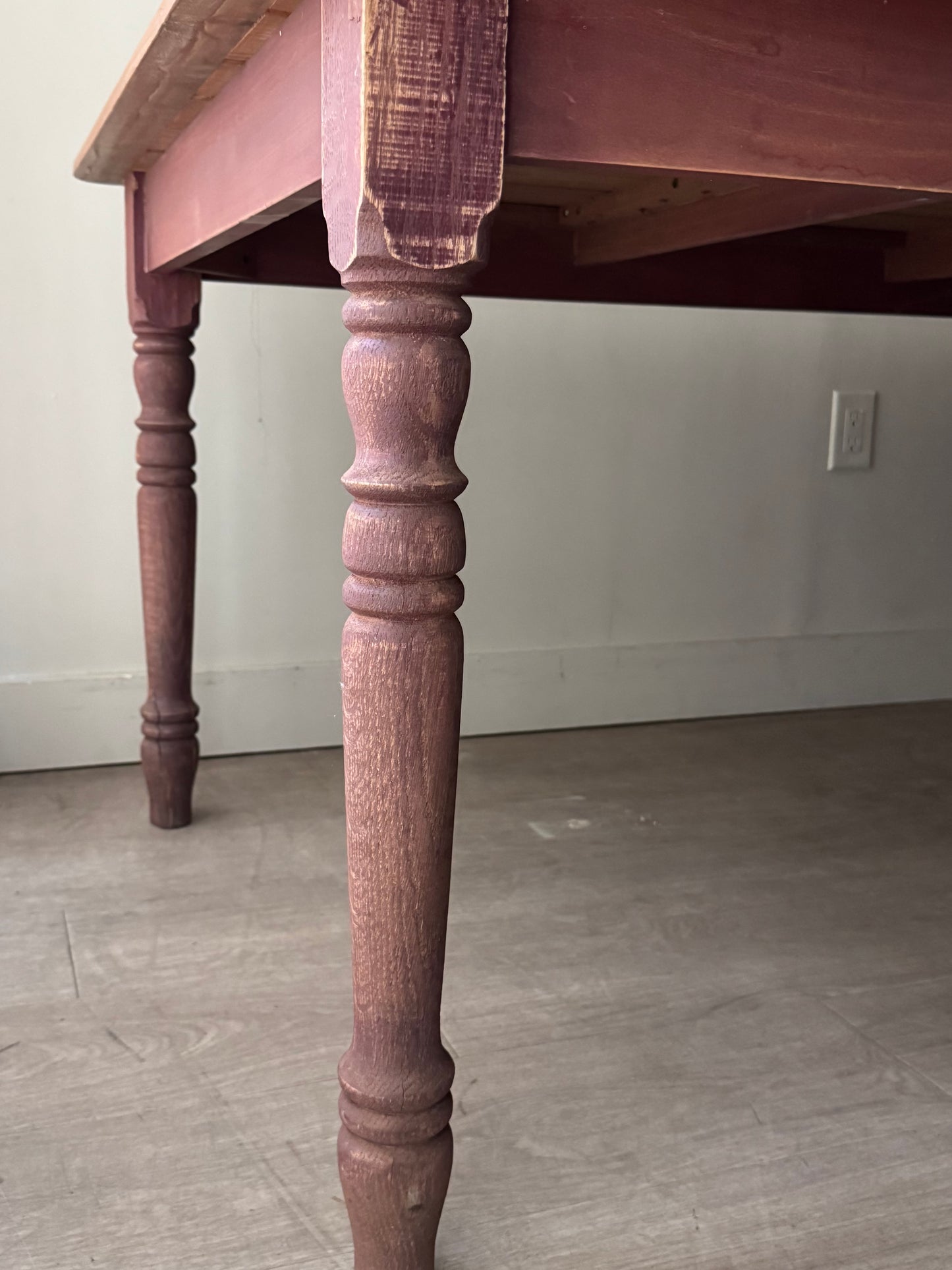 Red painted pine farm table with scrubbed top