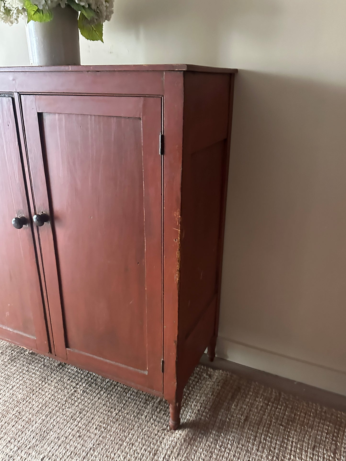 Red painted pine jelly cupboard