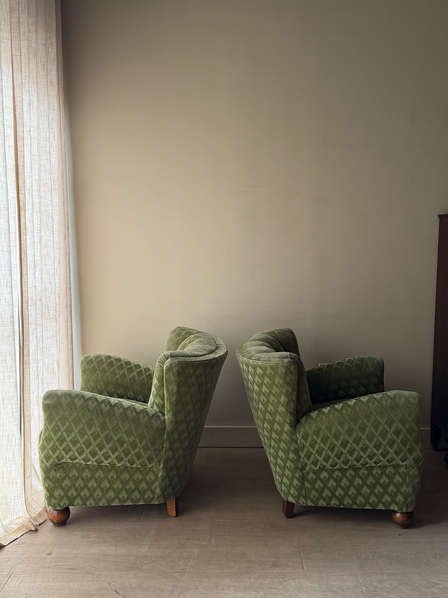 Danish velour club chairs. Sold individually.