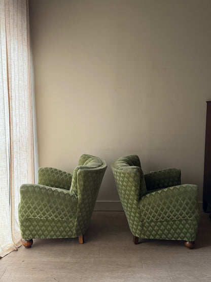Danish velour club chairs. Sold individually.