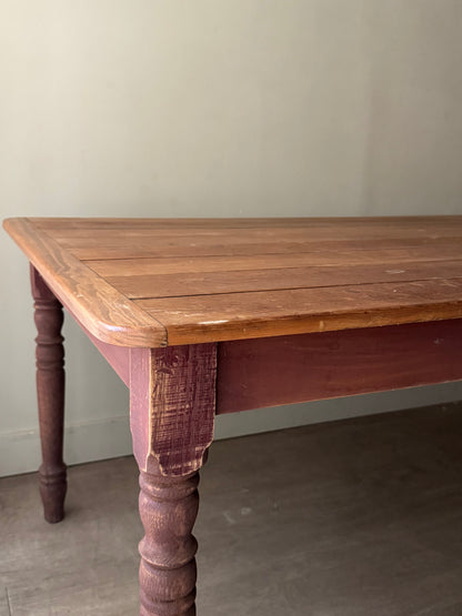 Red painted pine farm table with scrubbed top