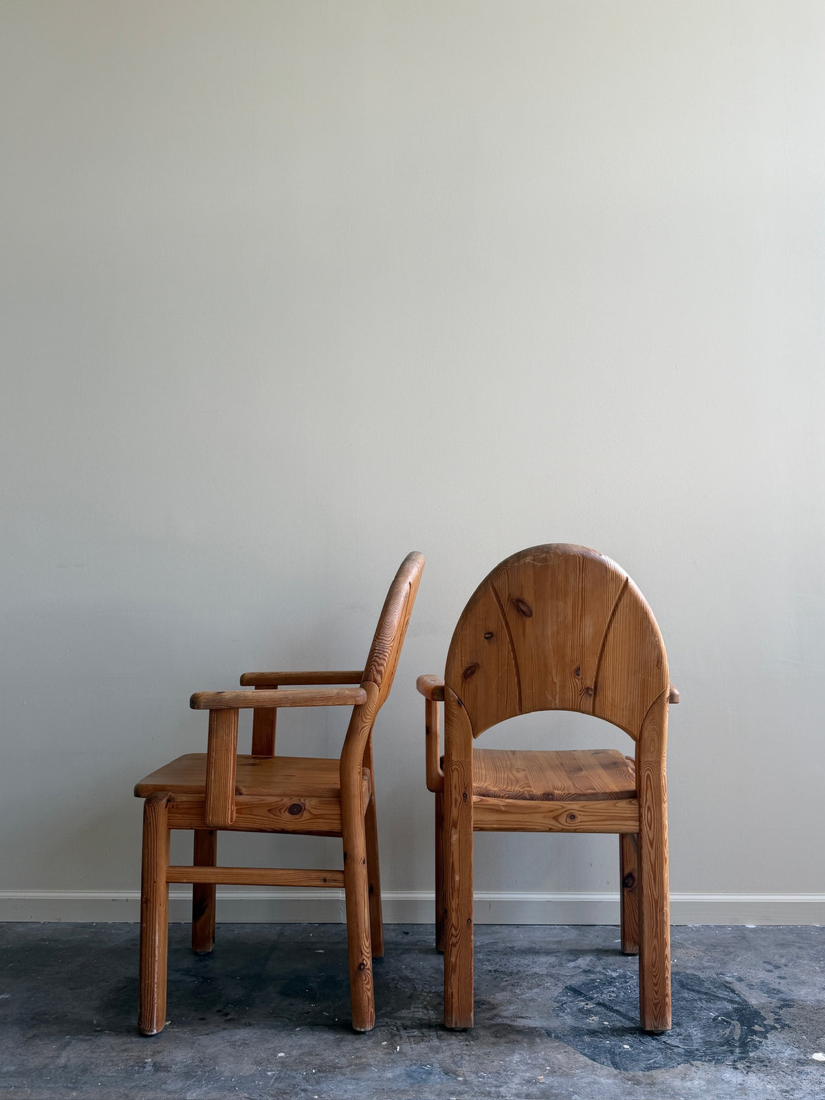 Danish pine arm chairs. Sold individually.