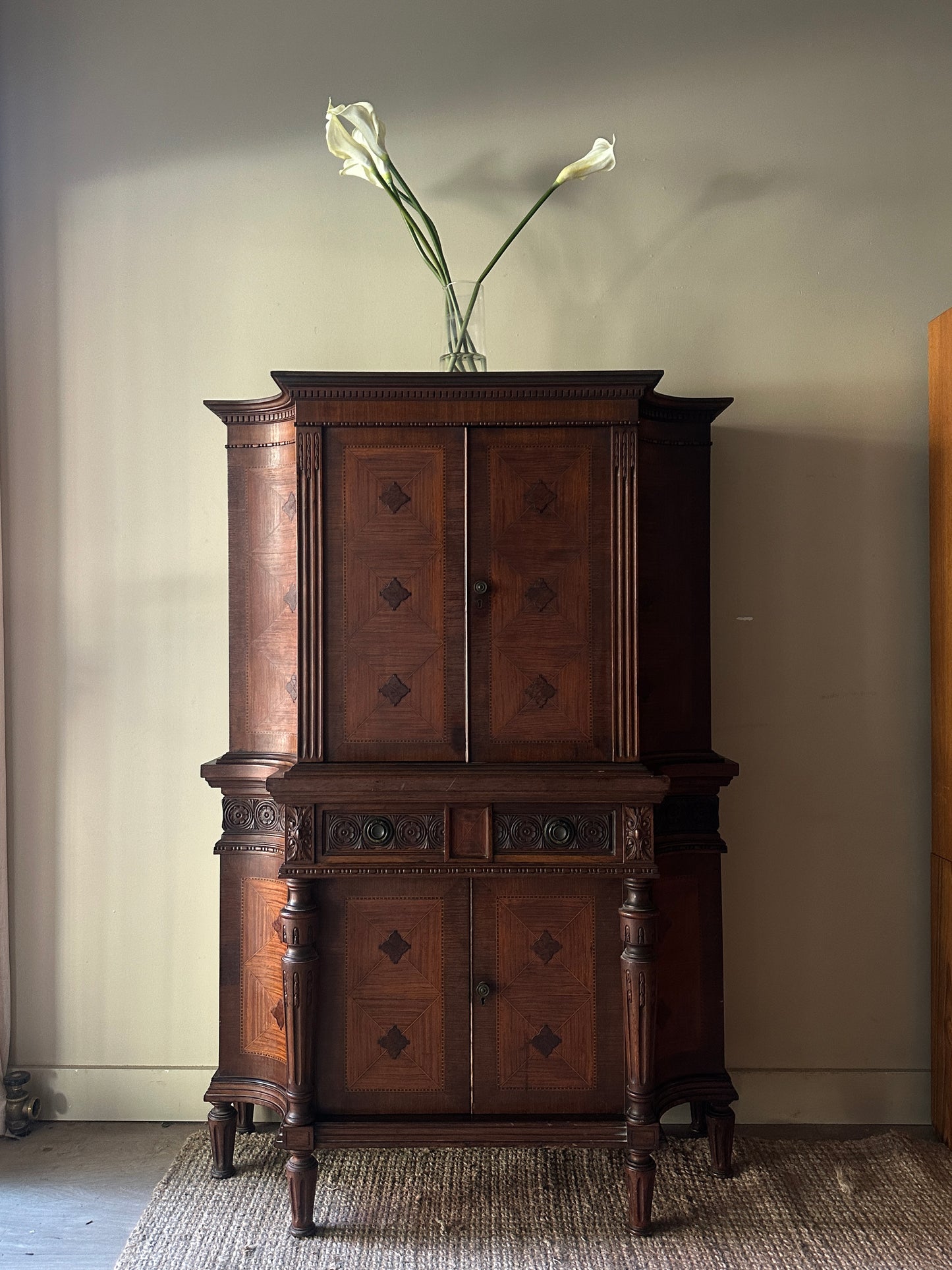 Carved Walnut Inlay Cabinet