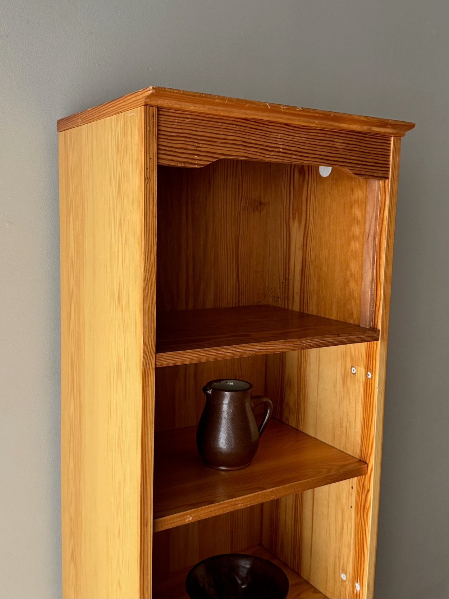 Narrow Scandinavian pine bookcase cabinet
