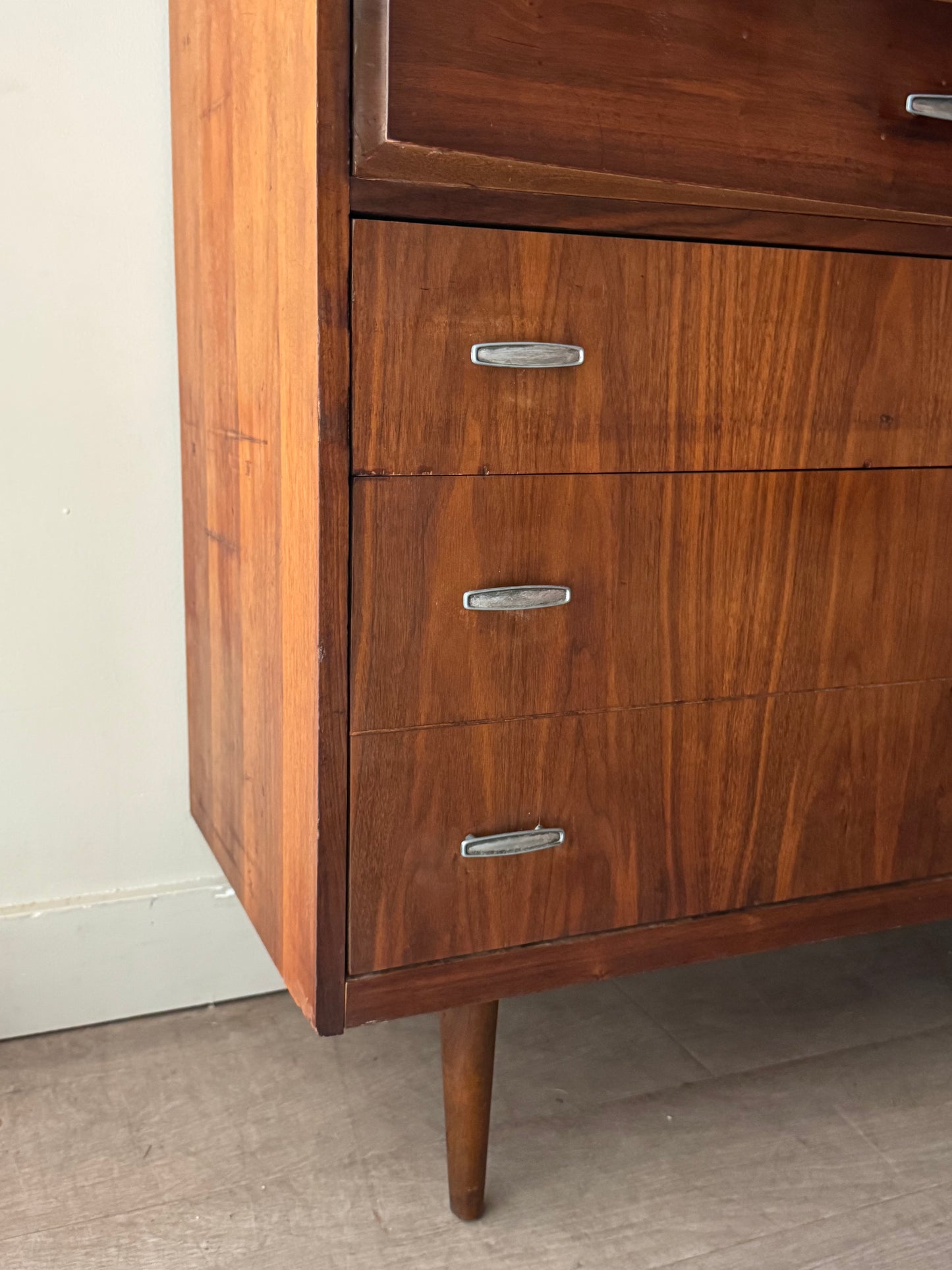 Walnut tallboy with chrome handles