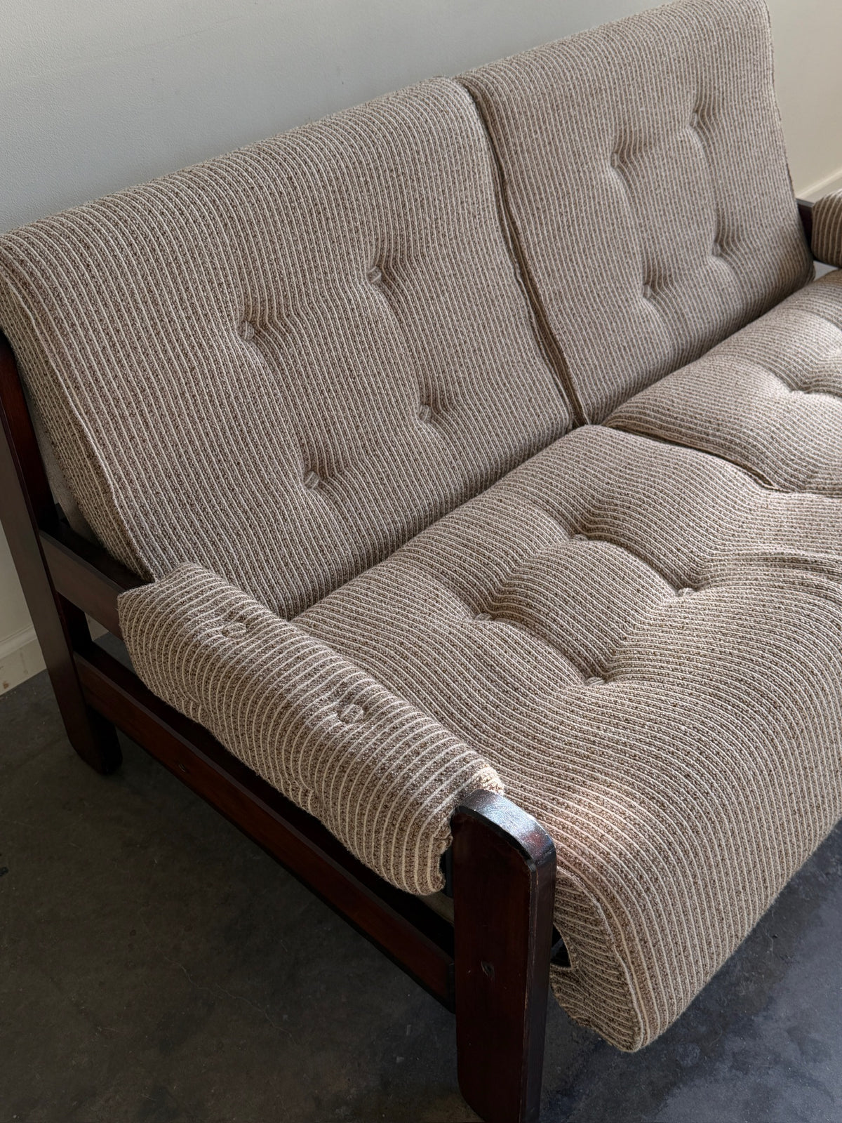 Danish mahogany sofa with striped wool upholstery