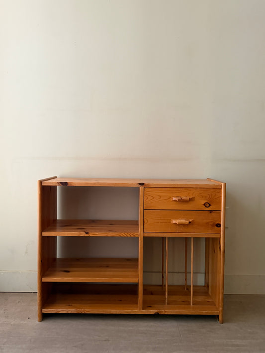 Scandinavian small pine bookcase with record storage