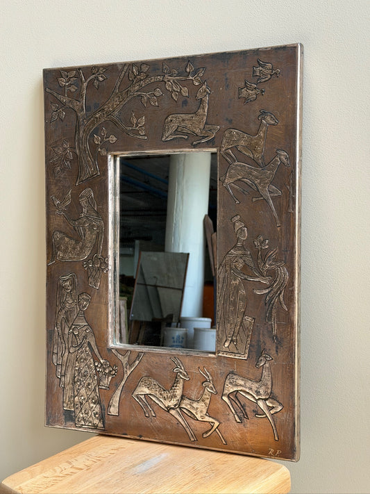 Mexican folk carved silver leaf wooden mirror