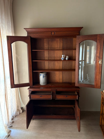 Victorian walnut two piece display hutch with writing slide