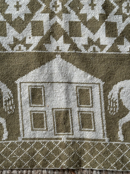 Green and cream hand woven wool coverlet/rug/tapestry