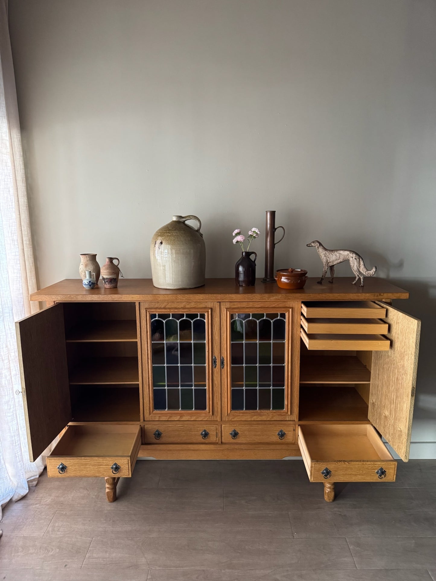 Danish oak sideboard with stained glass doors