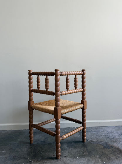 Dutch bobbin oak rush seat corner chair