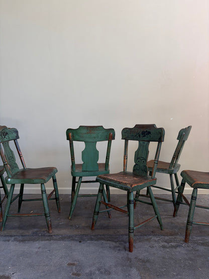 Pennsylvania Sheraton Paint-Decorated Plank Seat Chairs. Sold in pairs.