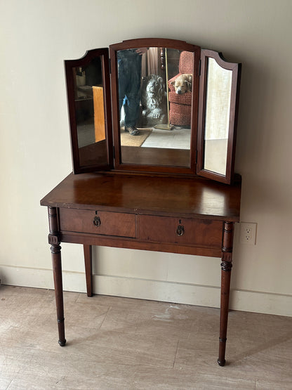 Pine vanity with tri-fold mirror