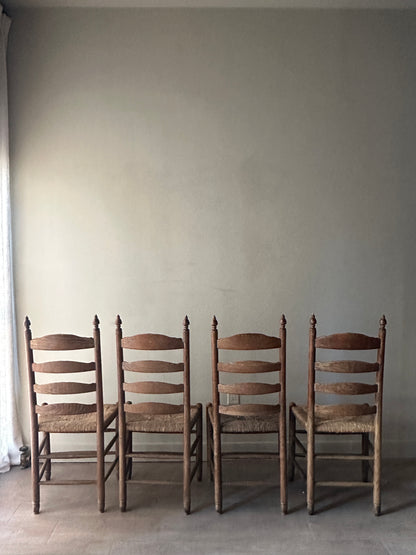 4 Medium oak and rush seat dining chairs. (Sets of 2)