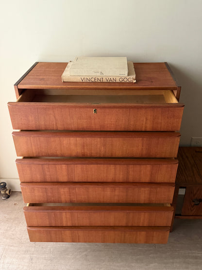 Danish teak tallboy dresser (right)