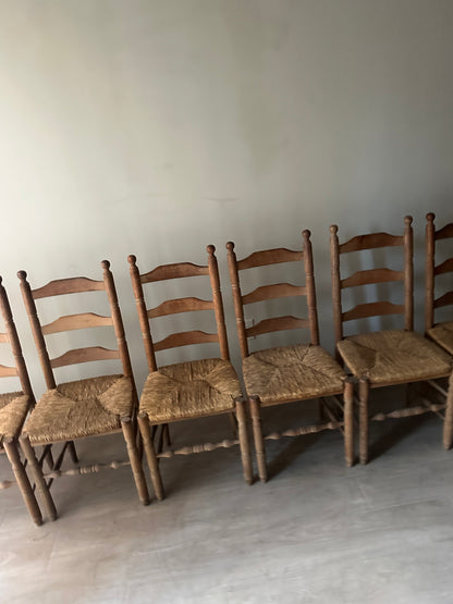 6 ball top oak and rush dining chairs. (Sets of 2)