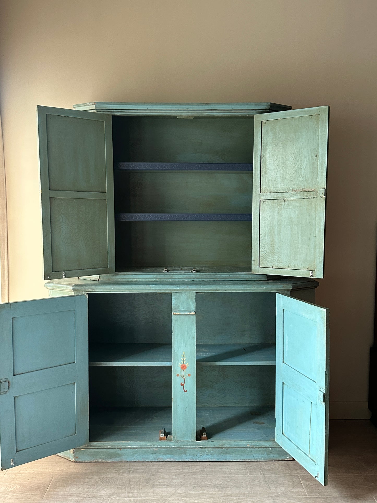 Two piece folk painted Swedish hutch