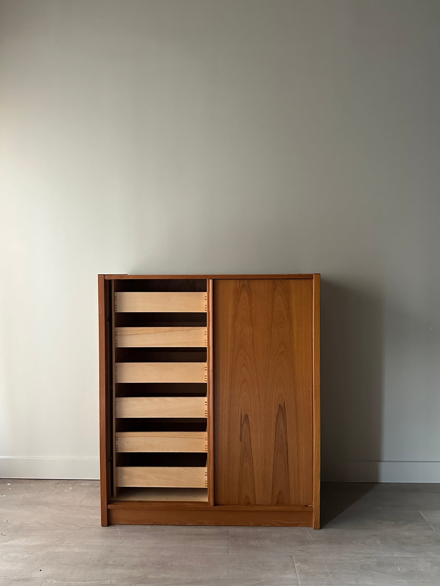 Danish teak one door cabinet. As is.