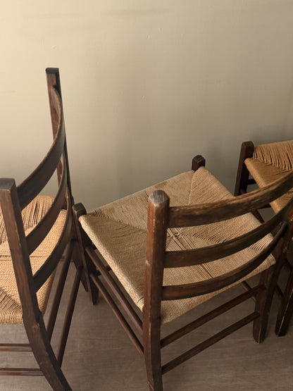 Scandinavian pine and cord dining chairs. Sold in pairs.