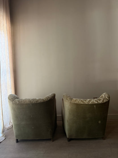 Danish sage green damask velvet lounge chairs. Sold individually.
