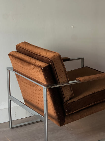 Chrome and brown velvet lounge chair