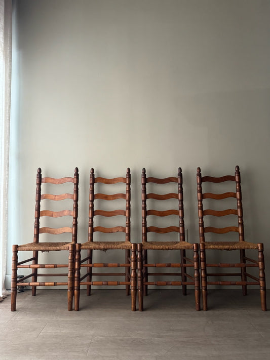 Maple ladder back rush seat chairs. Sold in pairs.