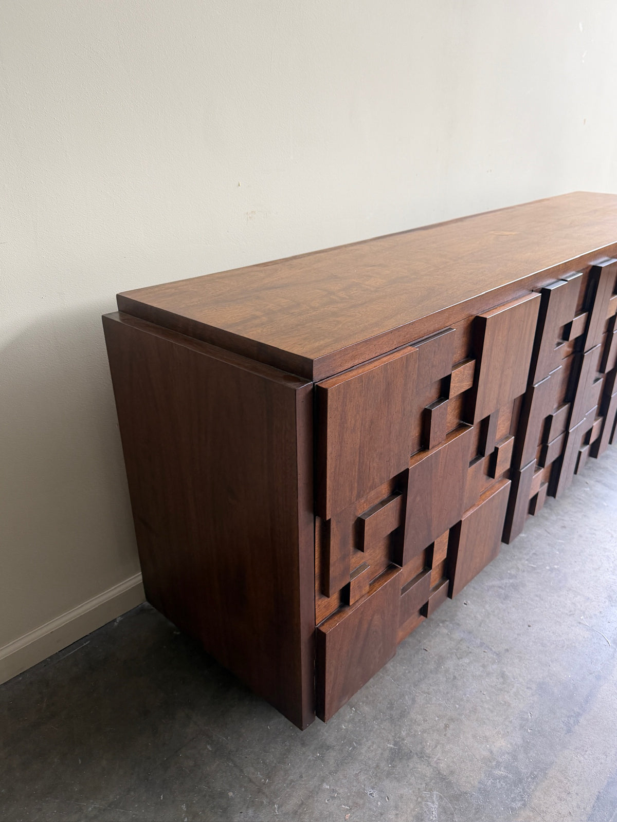 Lane Brutalist walnut 9 drawer dresser