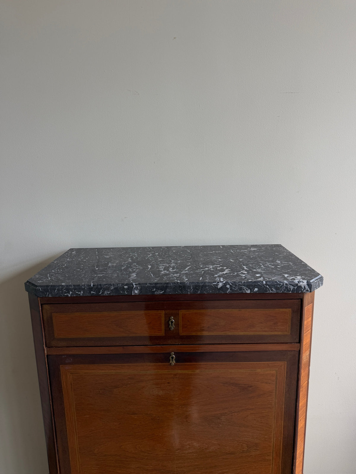 Walnut & mahogany marble top secretary cabinet