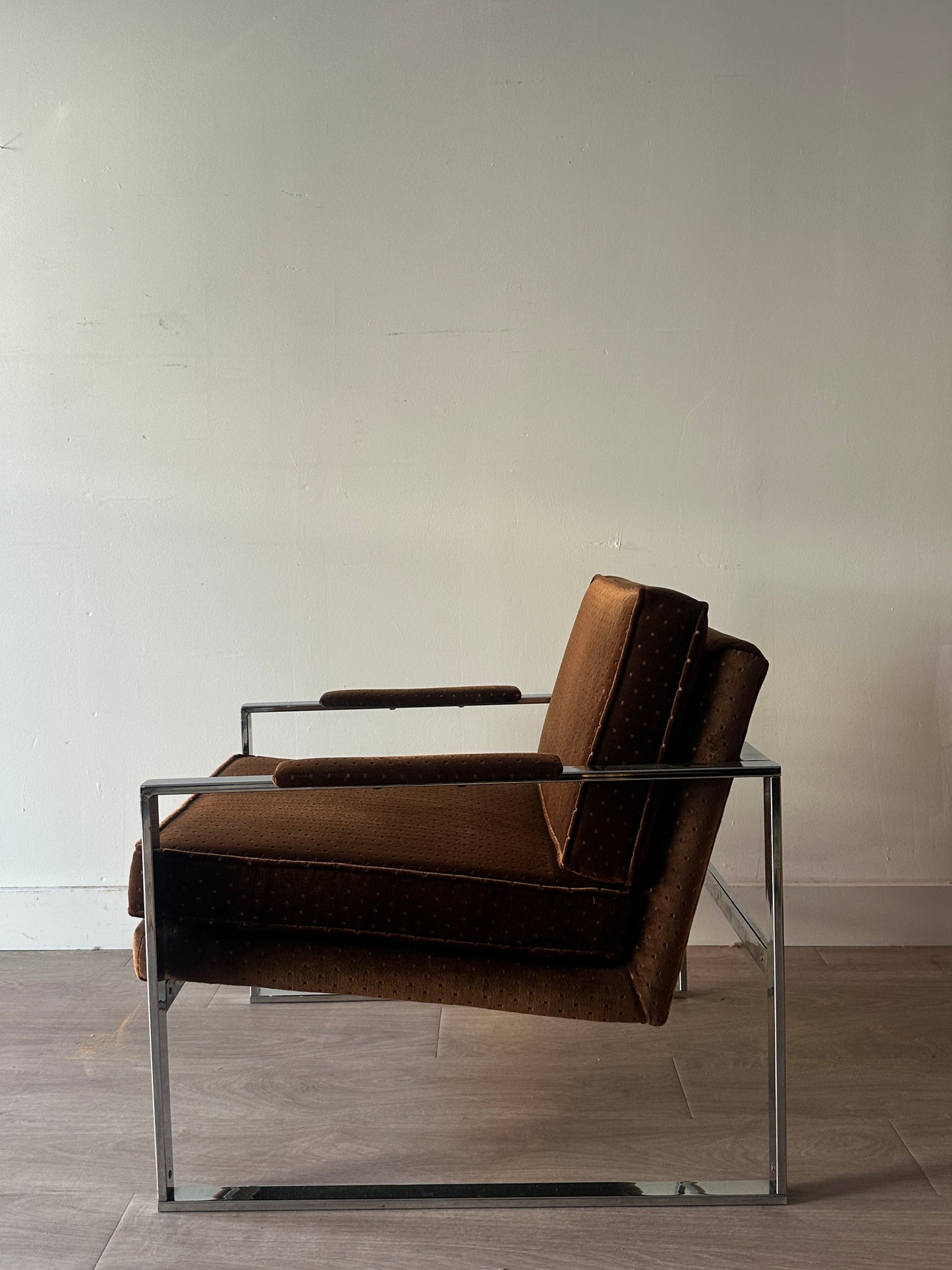 Chrome and brown velvet lounge chair