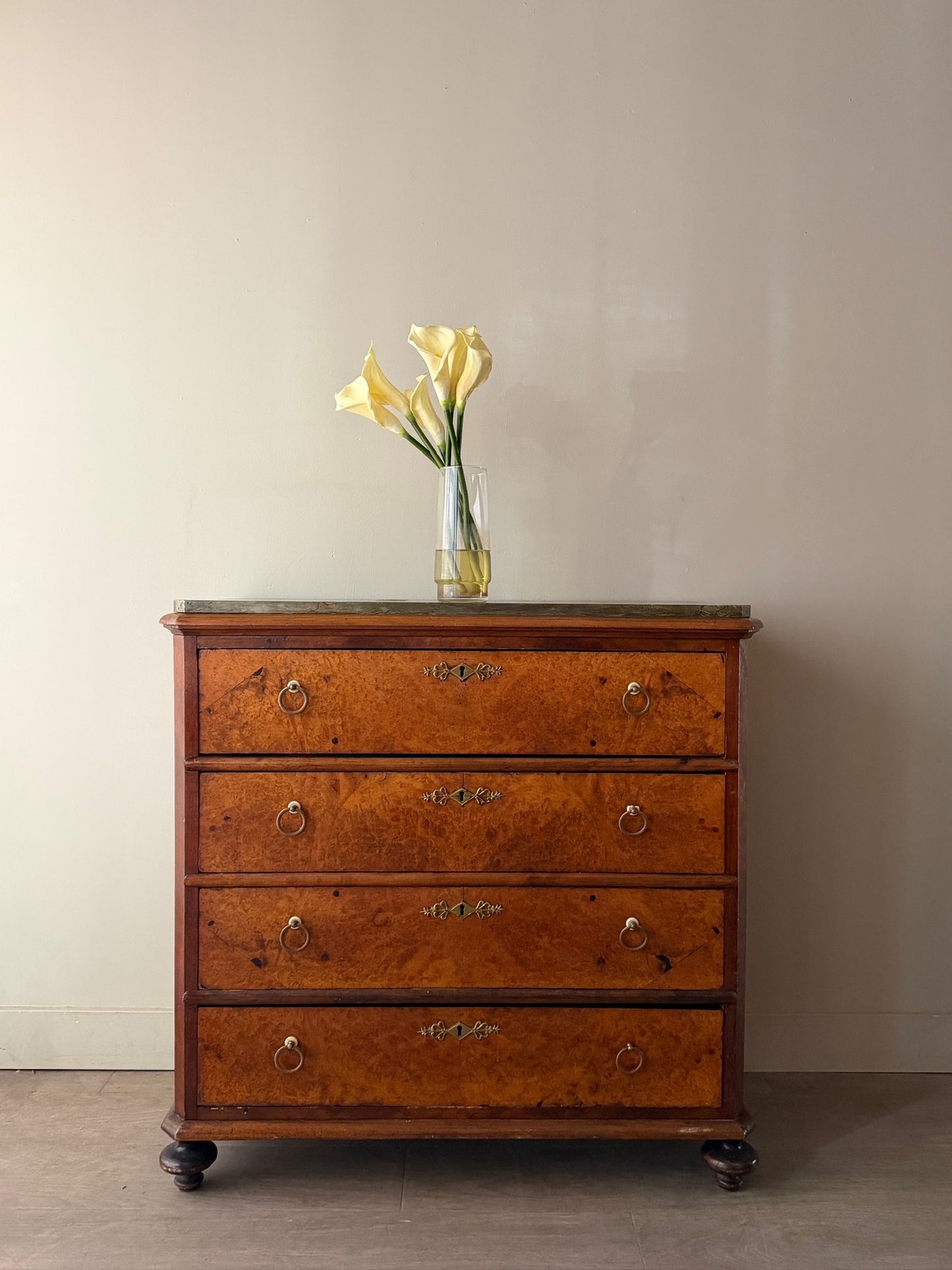 Swedish burl walnut painted marble dresser