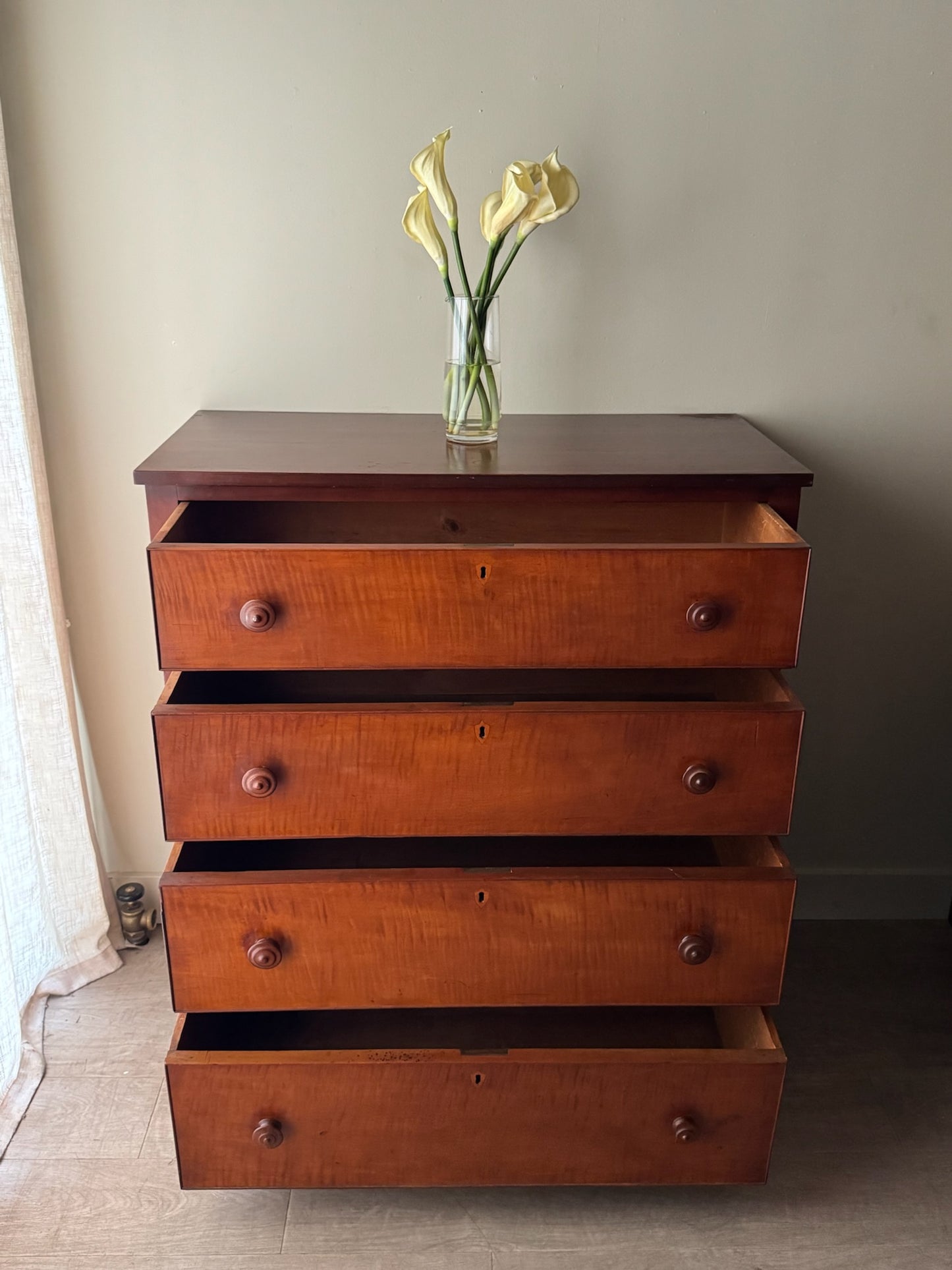 Pennsylvania Federal tiger maple and cherry tallboy dresser