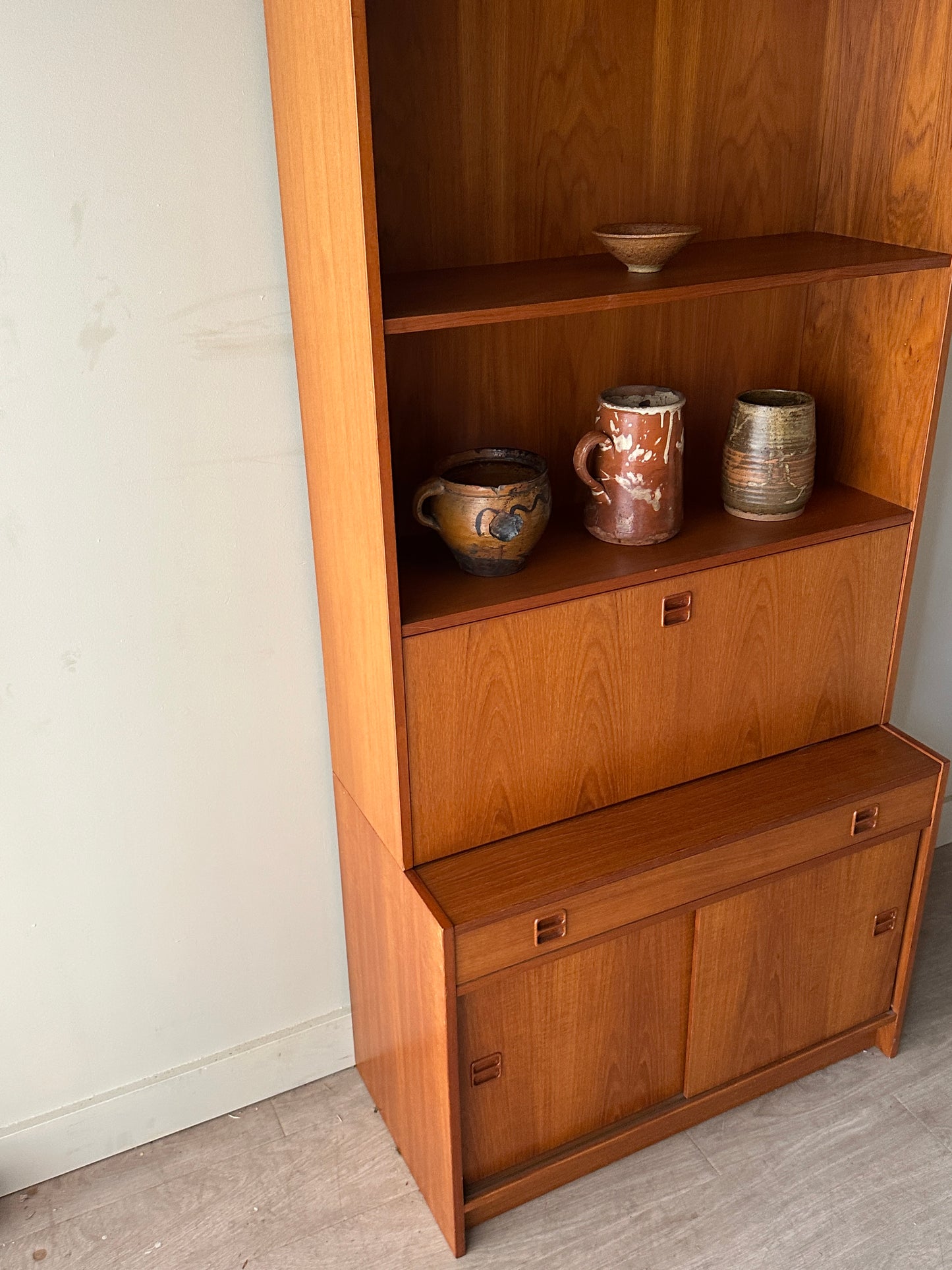 Danish teak two piece secretary hutch