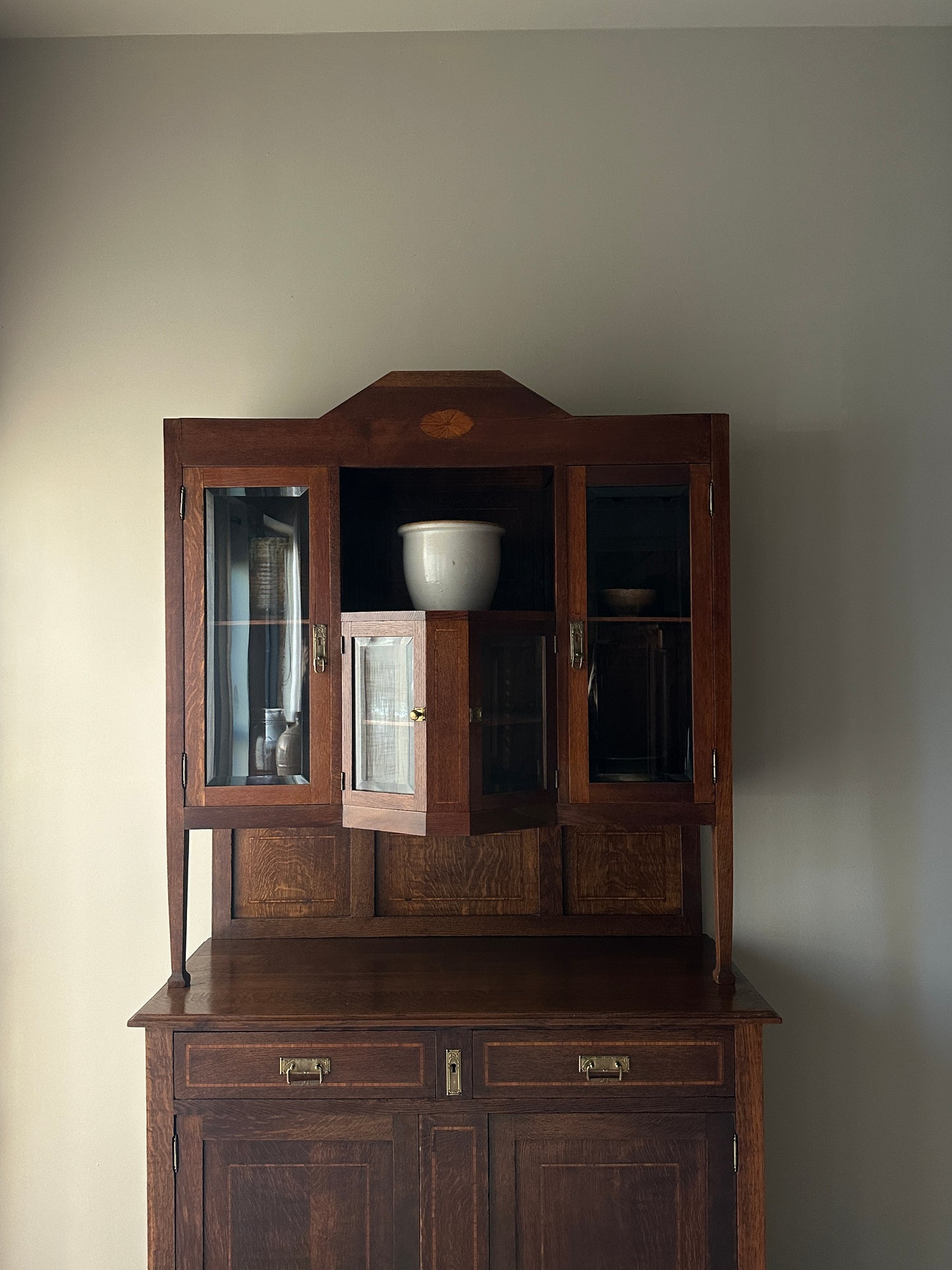 Deco inlaid two piece oak hutch