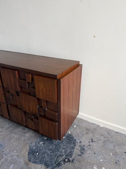 Lane Brutalist walnut 9 drawer dresser