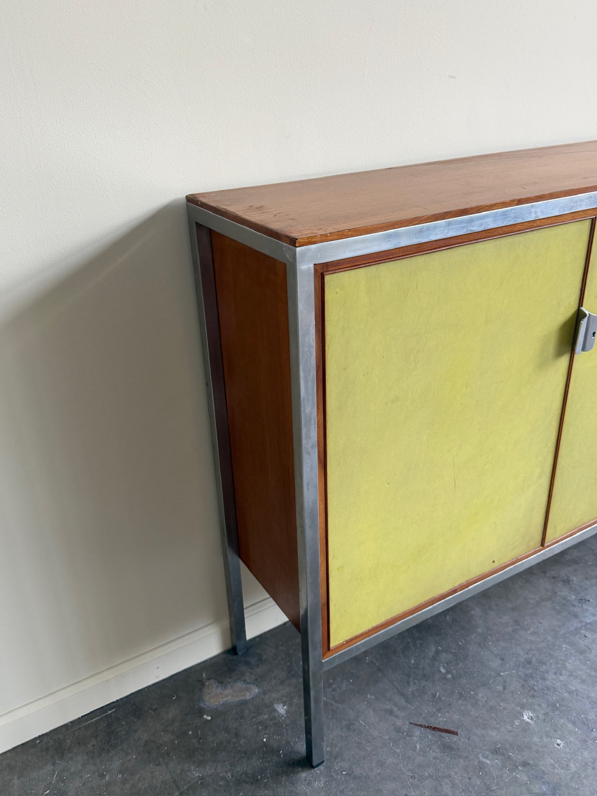 Nichols English bookcase with green vinyl doors