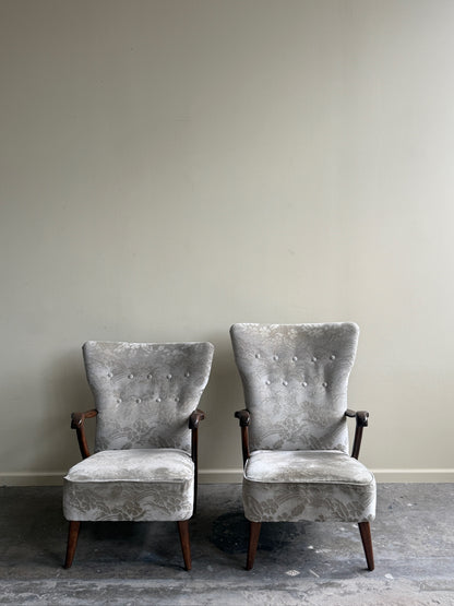 Danish wingback grey floral velvet lounge chairs (left)