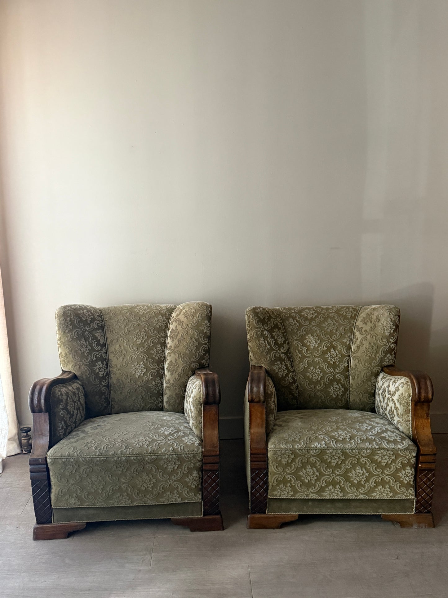 Danish sage green damask velvet lounge chairs. Sold individually.
