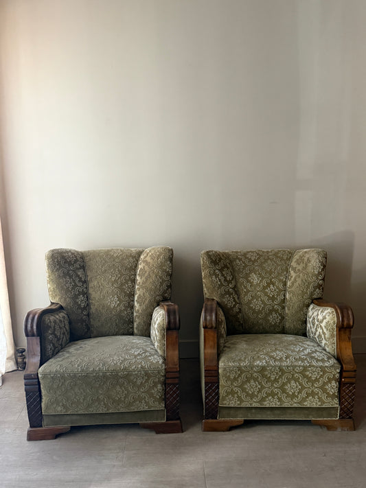 Danish sage green damask velvet lounge chairs. Sold individually.